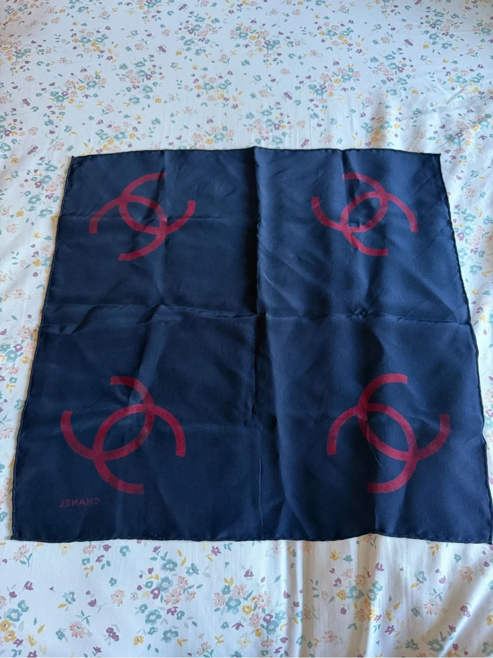 CHANEL Navy Silk Square Scarf with Burgundy Interlocking CCs